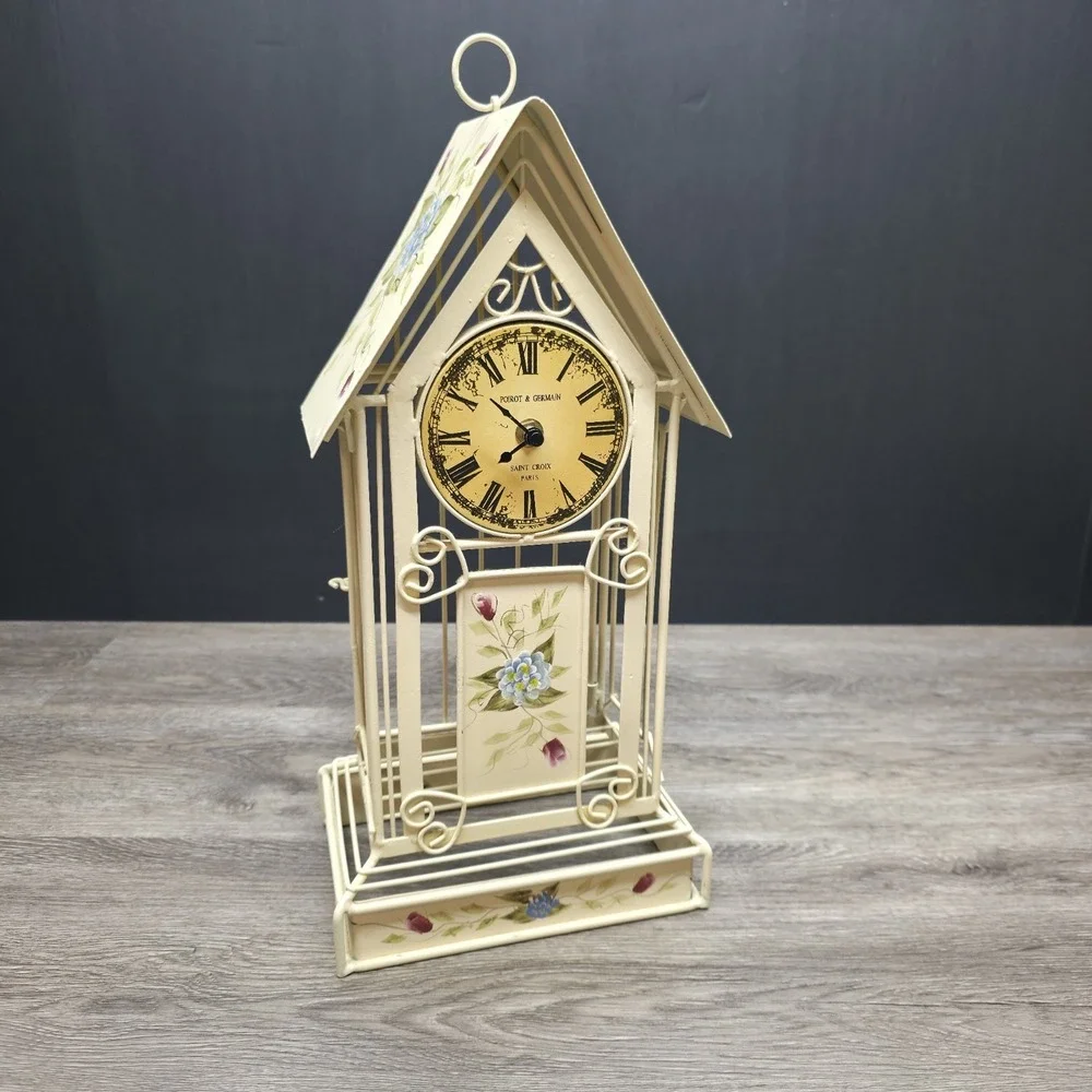 Vintage MANN Bird‎ Cage Clock Tower Metal Floral Hand Painted 16.5
